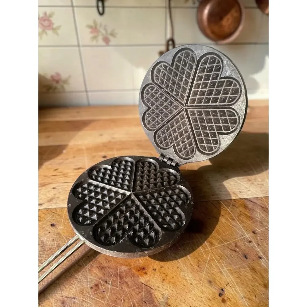 Vintage 1960s Danish Heart Waffle Iron Stovetop Maker Made in Denmark